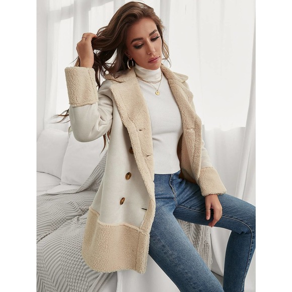 Shearling Teddy Lined Double Breasted pea Coat cream - Picture 1 of 8
